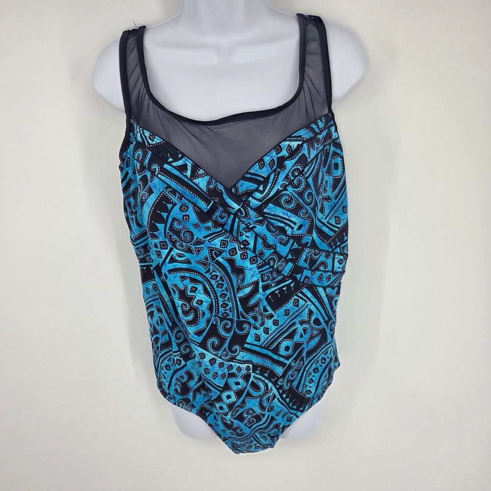 Silhouette Solution Womens Blue Black Geometric Mesh One Piece Swimsuit Size 18